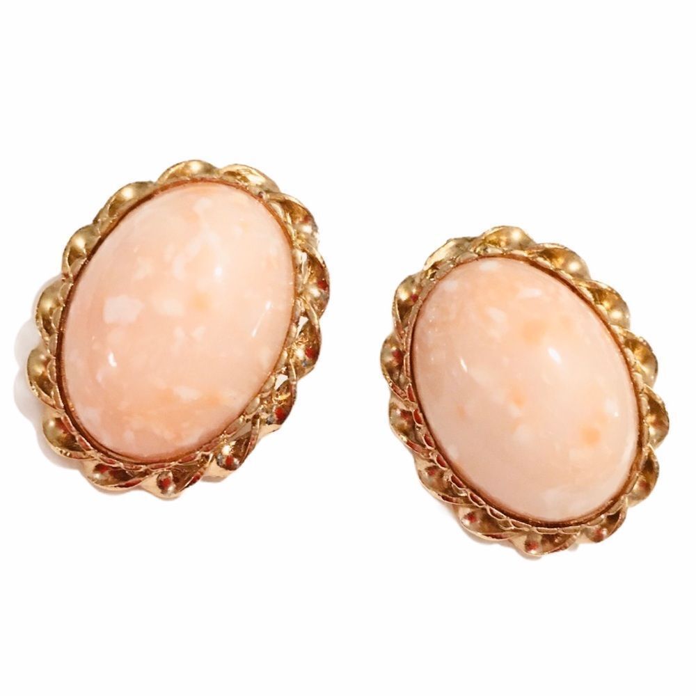 Vintage Gold Tone Stud Earrings Pink Lucite Marble Cabochon 1001